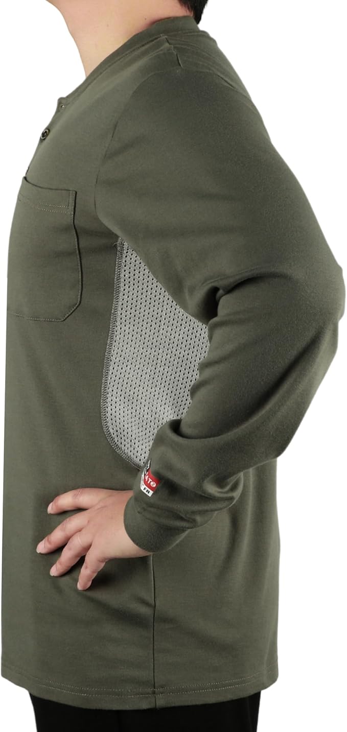 BOCOMAL FR Shirts Summer Vented Mesh Breathable Henley Shirt 5.5oz Flame Resistant CAT2 Work Clothing