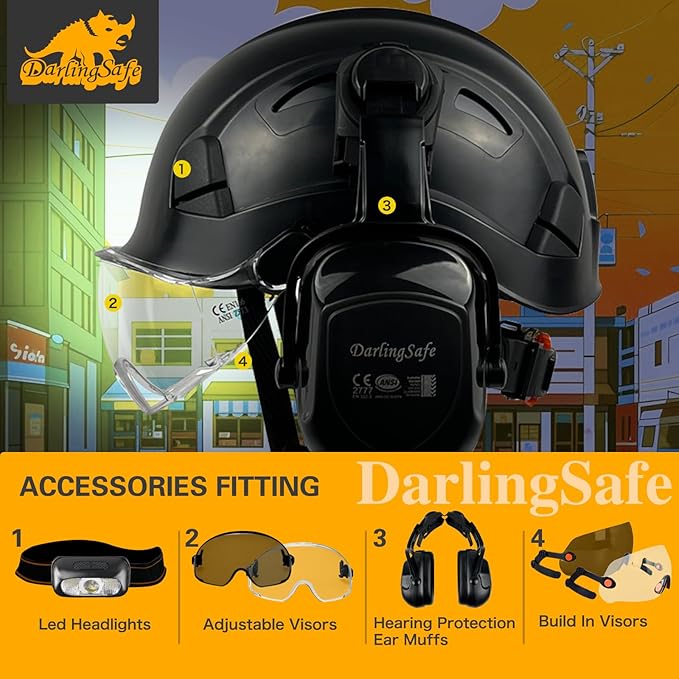 Hard Hat with Visor Ear Muffs Vented Safety Helmet with Visor Earmuffs ANSI Z89.1 Outdoor Work Hardhats Construction