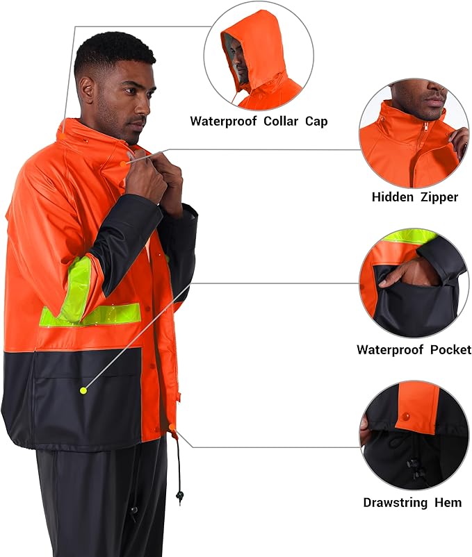 Men's Workwear PRO Rain Suit - Waterproof Jacket and Bib Pants 3-piece Set for Ultimate Safety and Comfort