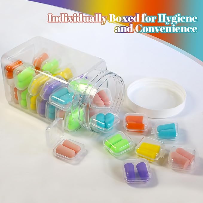 Calmi Multi-Color Ear Plugs for Noise Reduction 32 Pairs with Individual Cases 7 Green + 5 Each in Pink/Purple/Orange/Blue/Yellow 33dB NRR Foam Earplugs for Sleep/Snoring/Travel/Work/Concerts/Studying