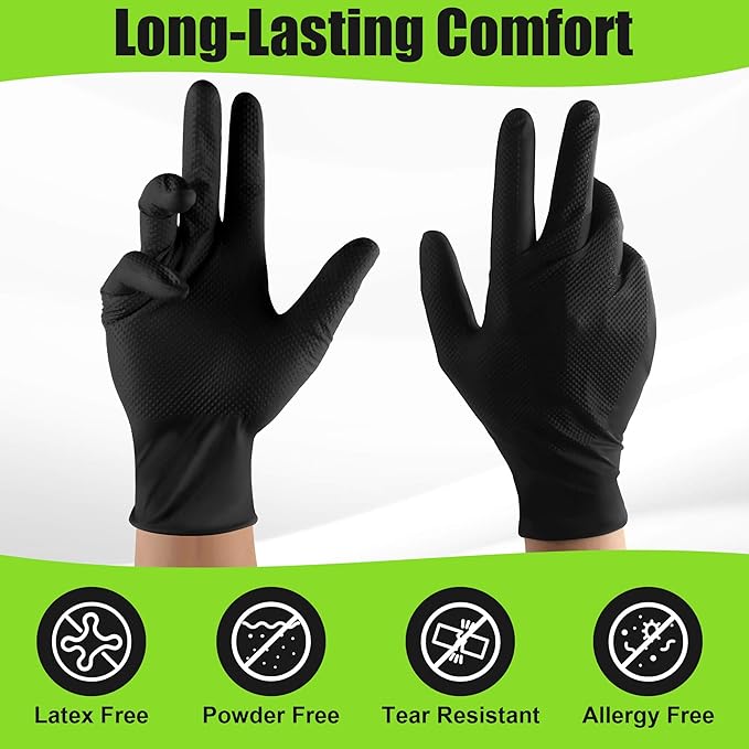 TREEGO Black Nitrile Gloves 10 Mil Heavy Duty Disposable Latex Free – Diamond Grip for Industrial, Construction, Mechanic