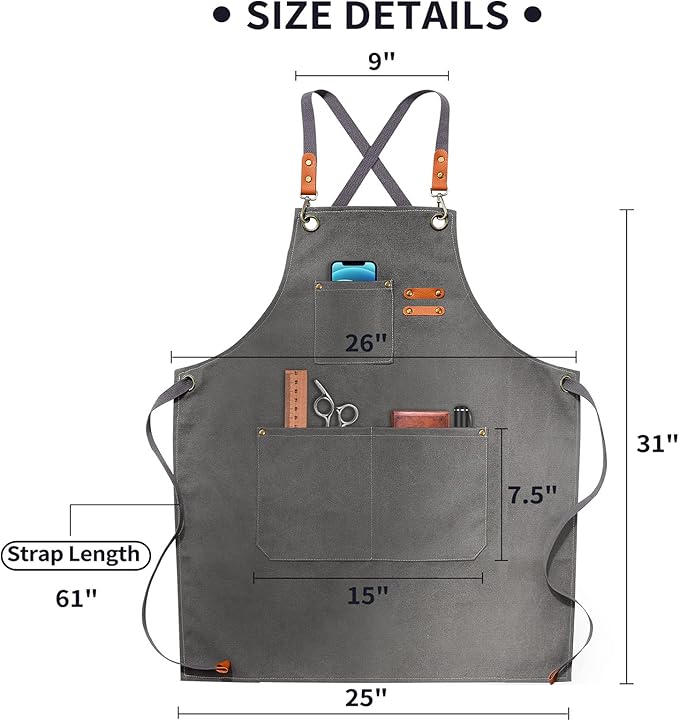 Chef Apron, Apron for Men Women with Adjustable Straps Cotton Canvas Cross Back Adjustable Apron with Pockets for Women and Men(Grey)