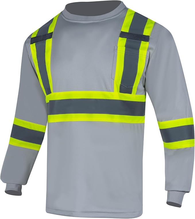 VENDACE Men's High Vis Safety Work T Shirt ANSI Class 1 Reflective Long Sleeve Shirt with Pocket(Grey,XL)