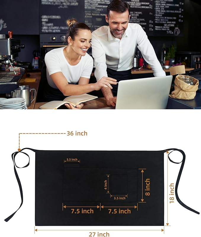 Xeoxarel Unisex Bistro Half Aprons with 4 Pockets, Waiter Waist Server Apron for Women and Man 27''X18''