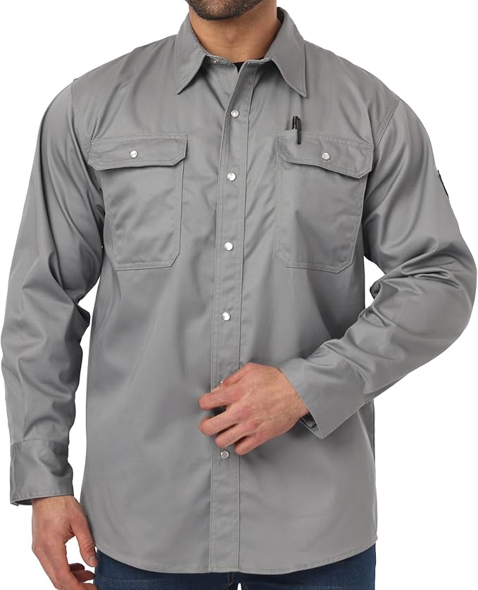 JKSafety 7oz FR Shirts for Men Women NFPA 70E 2112 ARC 2 Fire Resistant Welding Shirts FRC Long Sleeve Safety Workwear