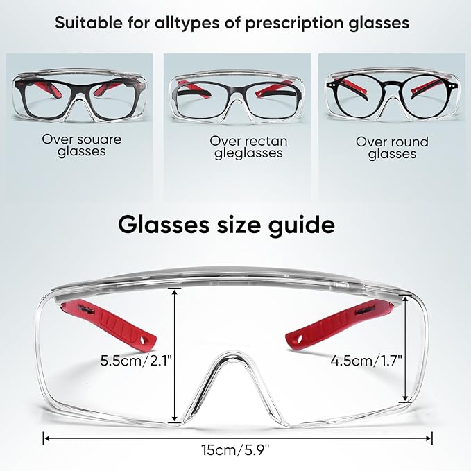 Safety Glasses Over Eyeglasses, Anti Fog&Scratch-Resistant Lenses, Adjustable Protective Eyewear Goggles, ANSI Z87 Certified Laboratory Safety Goggles and Shooting Glasses(Clear Lens)