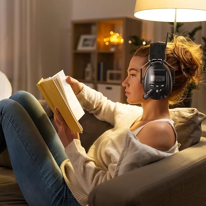 AM/FM Radio Headphones 25dB NRR,Noise Reduction Safety Earmuffs,Digital Display Headset,Powered by AA Battery,Hearing Protection for Walkman Mowing Lawn Work(Black)