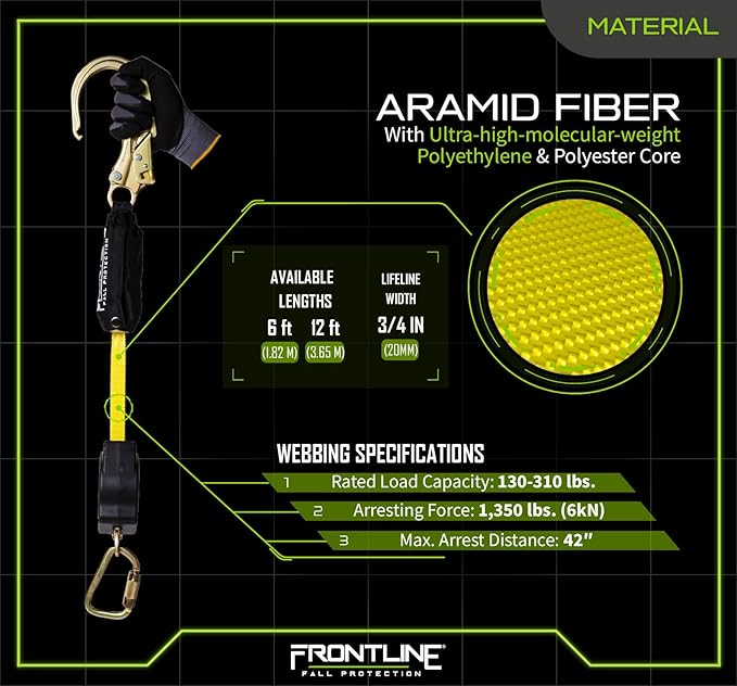 Frontline RPA062R 6' Aramid Web Twin Leg SRL with Steel Rebar Hooks | 310 lbs Capacity | Lightweight & Durable | Aramid Fiber Webbing Retractable | ANSI & OSHA Compliant | ISO Lab Tested