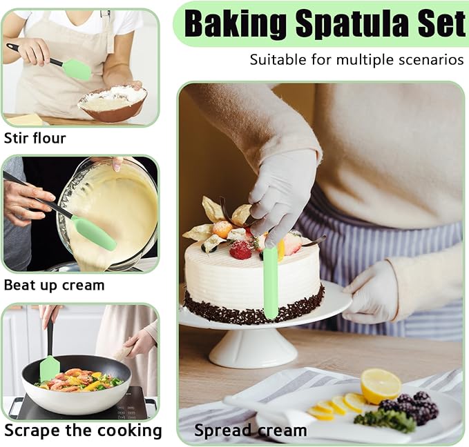 Oven Mitts with Heat-Resistant Hot Pads and Five Silicone Spatulas Designed for Kitchen Baking Cooking, Oven Glove Soft Cotton Lining, Waterproof, BPA-Free (Fluorescent Green, 15.7)