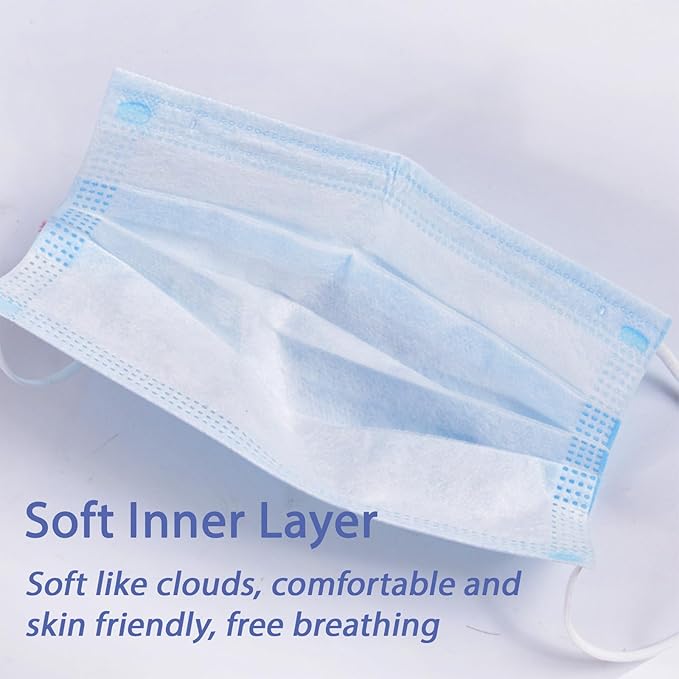 50pcs Blue Disposable Face Mask for Adults Women Men, 3-Ply Solid Blue Breathable Earloop Full Face Protection