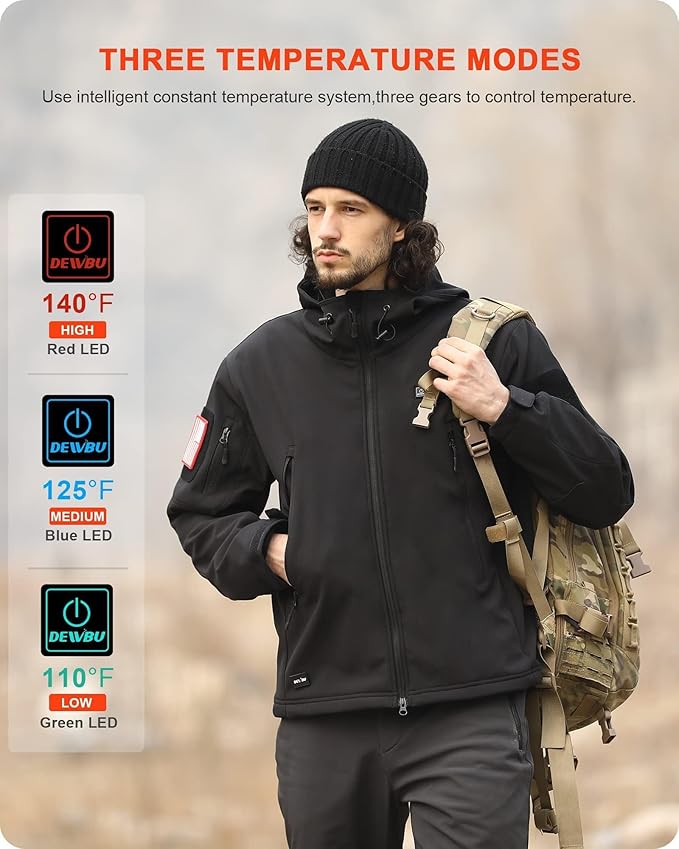 DEWBU Heated Jacket for Men with 12V Battery Pack Winter Outdoor Soft Shell Electric Heating Coat