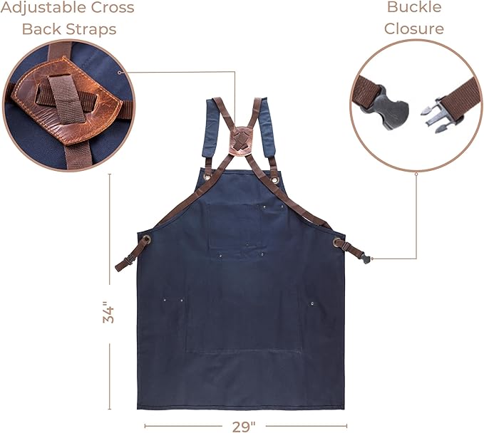 Cross Back Canvas Aprons With Pockets |Adjustable Leather Strap|Work Apron|Chef Apron|Woodworking, Grilling