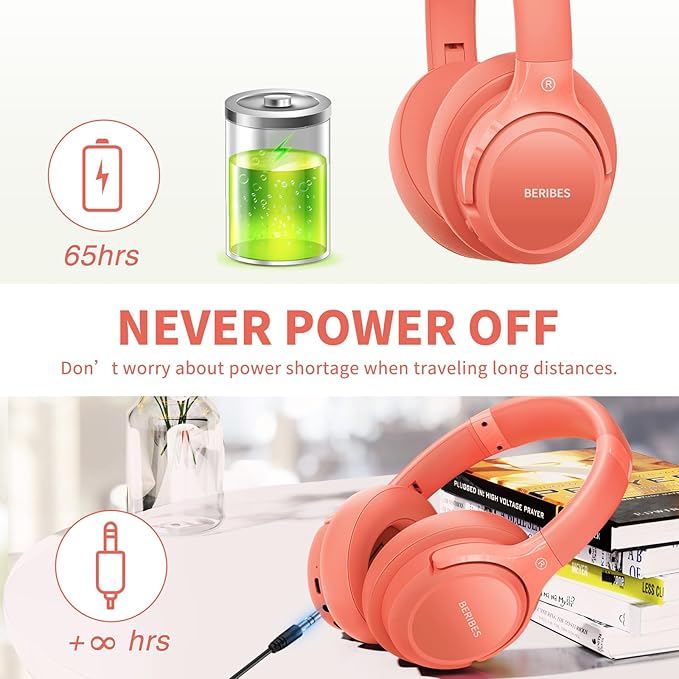 BERIBES Bluetooth Headphones Over Ear, 65H Playtime and 6 EQ Music Modes Wireless Headphones with Microphone, HiFi Stereo Foldable Lightweight Headset (Orange red)