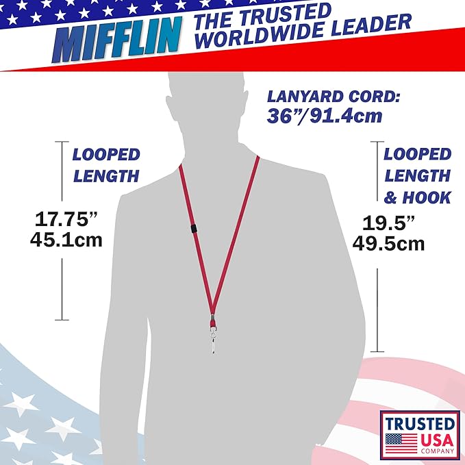MIFFLIN-USA Flat Breakaway Safety Lanyard for ID Badges (Red, 36 Inch, 100 Pack), Soft Woven Neck Line