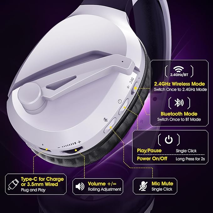 Wireless Gaming Headset with Noise Canceling Microphone for PS5, PC, PS4, 2.4G/Bluetooth Gaming Headphones with USB and Type-c Connector, Wired Mode for Controller Gamecube