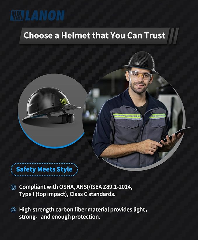 LANON Carbon Fiber Full Brim Hard Hat, OSHA Construction Work Approved, Classic Black Design, Lightweight Durable Safety Helmet with 6 Point Adjustable Ratchet Suspension, Class C