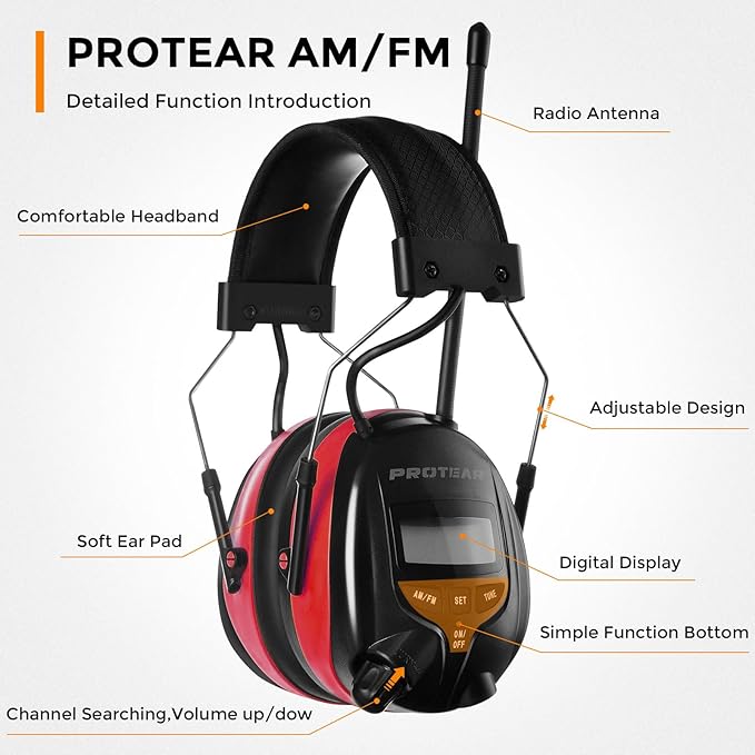 AM/FM Radio Headphones 25dB NRR,Noise Reduction Safety Earmuffs,Digital Display Headset,Powered by AA Battery,Hearing Protection for Walkman Mowing Lawn Work(Red)