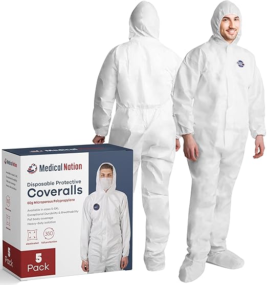 Hazmat Suits Disposable | 5 Pack, 3X-Large | Protective Coveralls with Attached Hood and Boots | Heavy Duty Full Body Painters Suit for Adults - Breathable & Water Resistant | 3XL