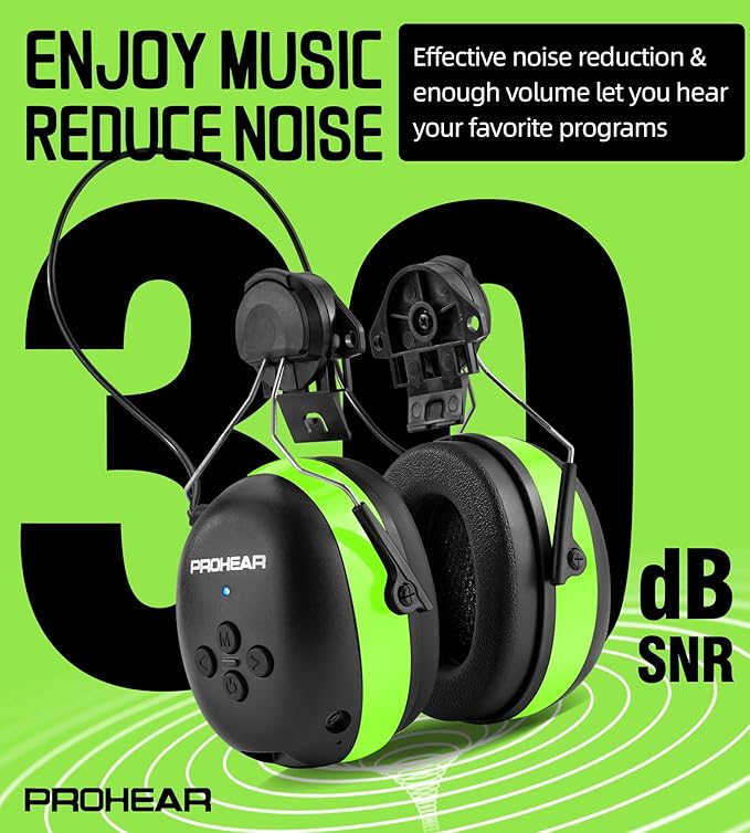 PROHEAR Safety Headphones with Bluetooth 5.3 - Compatible with 3M H-700 & DEWALT Hard Hats, 40H Battery Green - OSHA Hearing Protection for Construction Workers, Landscaping, Mowing