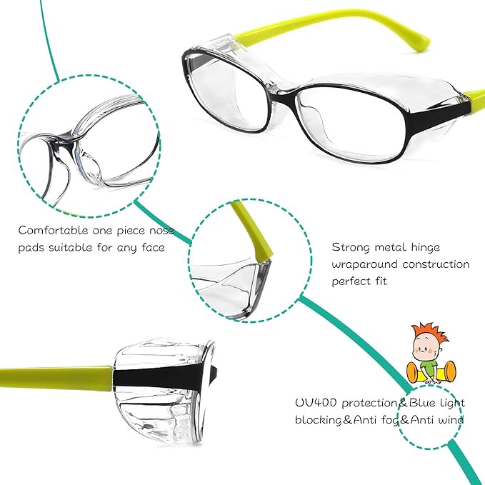 Safety Glasses Goggles Anti Fog Eye Protection Blue Light Blocking lens Side Shield Anti Pollen Soft TR90 for Boys Girls(Black-Yellow)