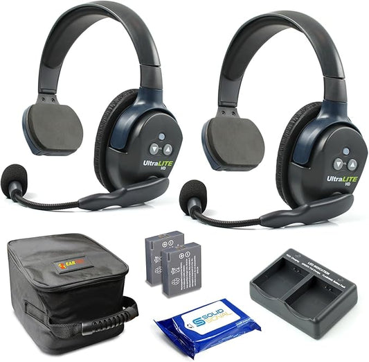 Eartec UL2S Ultralite Full Duplex Wireless Headset Communication for 2 Users - 2 Single Ear Headsets with SolidSignal Cleaning Wipes Bundle