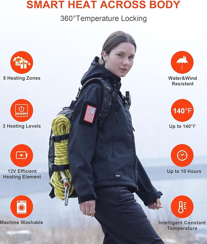 DEWBU Heated Jacket for Women with 12V Battery Pack Winter Outdoor Soft Shell Electric Heating Coat