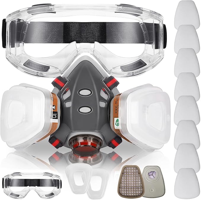Respirator Mask with Filters, Reusable Half Face Cover Gas Mask with Safety Glasses Professional Breathing Protection Against Painting/Chemicals /Organic Vapors Perfect for Painters and DIY Project