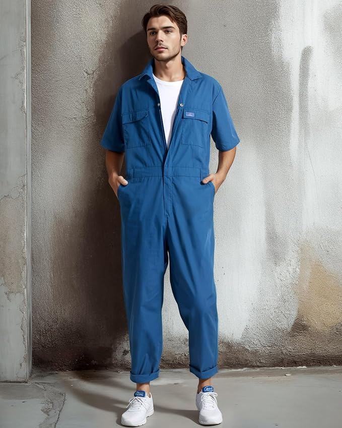 HISEA Men's Short Sleeve Zip Up Coverall, Twill Stain & Wrinkle Resistant Mens Work Coverall with Multi Pockets