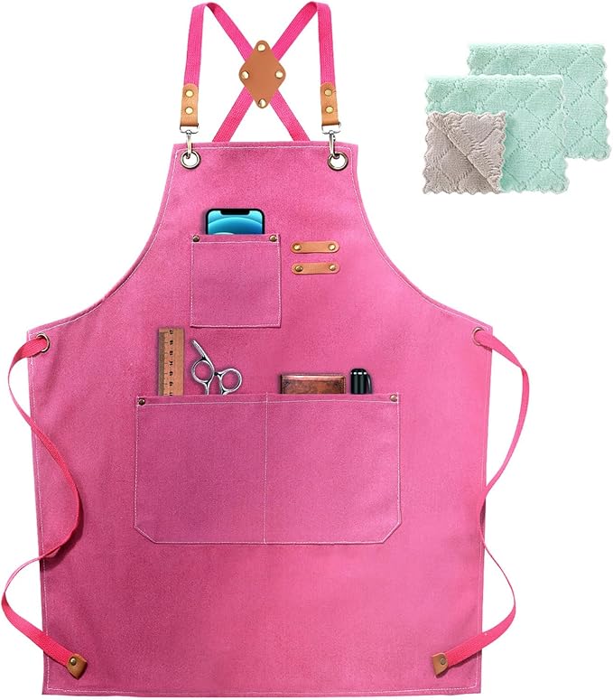 Apron for Women,Baking Kitchen Cooking Apron with Pockets, Cotton Canvas Cross Back Apron with Adjustable Strap and Large Pockets,BBQ Drawing Crafting Aprons for Women Chef (Pink)