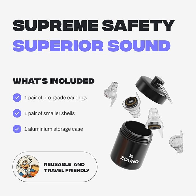 Zound High Fidelity Earplugs for Concerts - Reuseable High Fidelity Concert Ear Plugs for Noise Reduction, Festival Ear Plugs & Music Festival Essentials, Rave Earplugs & Rave Accessories (1 Pack)