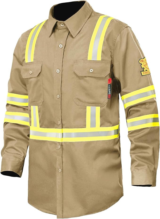 FR Shirts for Men 7oz High Visibility Fire Resistant Shirts NFPA CAT2 Welding Shirt 100% Cotton Hi Vis Flame Resistant Shirt Khaki(Large)