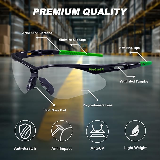 ProtectX Classic Safety Glasses, Anti-Fog Scratch Resistant Lenses, Protective Eyewear for Work, Indoor/Outdoor, ANSI Z87.1