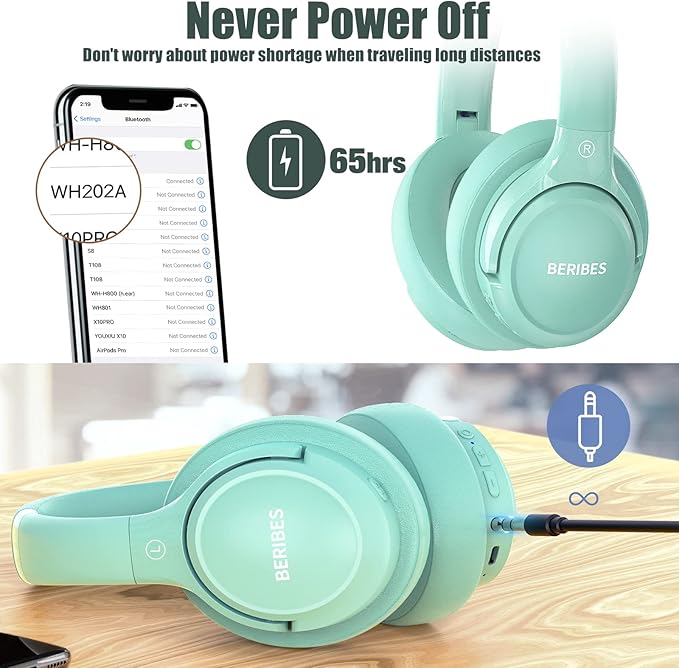 BERIBES Bluetooth Headphones Over Ear, 65H Playtime and 6 EQ Music Modes Wireless Headphones with Microphone, HiFi Stereo Foldable Lightweight Headsets(Green)