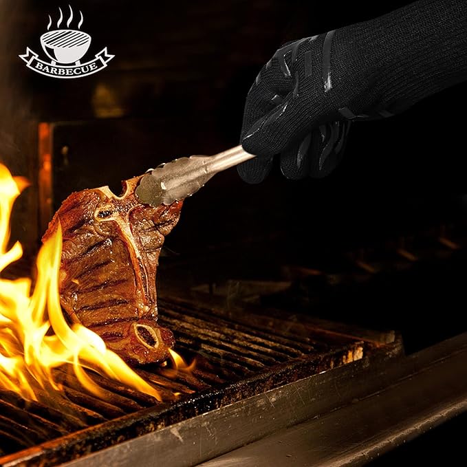 BBQ Grill Gloves, 1472F Heat Resistant Barbecue Oven Mitts, Silicone Non-Slip Cooking Gloves for Kitchen, Grilling and Baking, EN407 Certified, 13 inch Long, Black, XL Size, 1 Pair