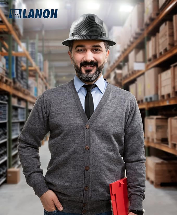 LANON Full Brim Hard Hat, OSHA Construction Work Approved, Premium Charcoal Gray Design, FRP Safety Helmet with 4 Point Adjustable Ratchet Suspension, Class C