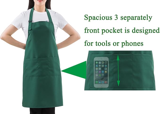 Christmas Green Professional Waterdrop Resistant Adjustable Extra Long Bib Apron 3 Pockets Home Kitchen Garden Restaurant Cafe Bar Pub Bakery for Cooking Chef Baker Servers Craft Unisex