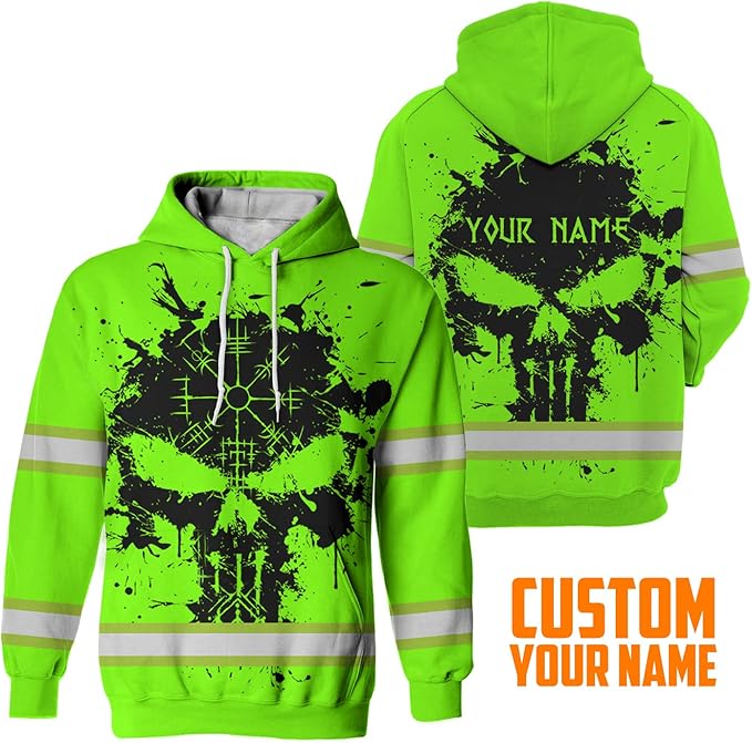 Matedecor Skull High Visibility Shirt Men Reflective Safety Shirts US Flag Custom Name Workwear, Runners, Walkers, Patriotic