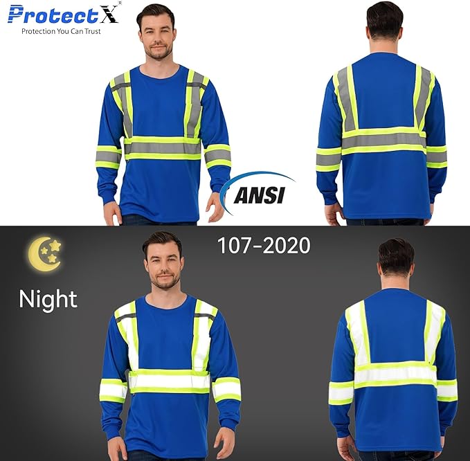 ProtectX Men's High Visibility Heavy Duty Long Sleeve Reflective Safety T-Shirts for Construction, Class 2-3 Type R