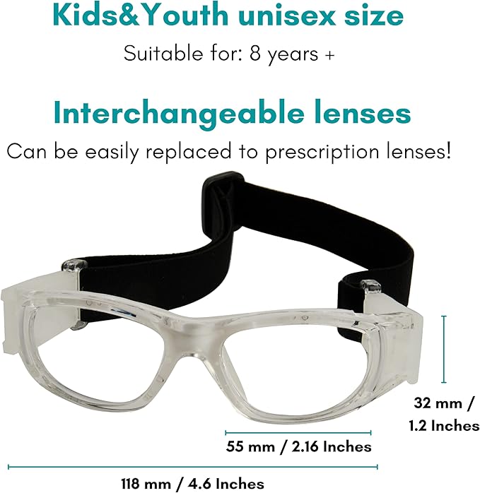 BLUE CUT Safety Basketball Goggles For Kids for Outdoor Sports Activities Anti Fog Replaceable to Prescription Lenses