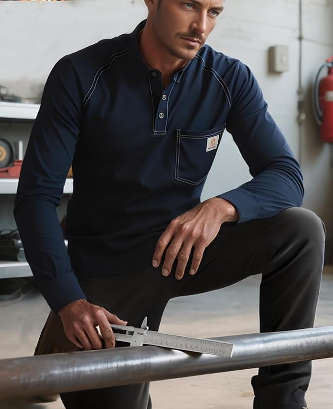 BOCOMAL Men's FR Shirt Pocket Henley Lightweight Flame Resistant Cotton Long Sleeve Workwear UL NFPA2112 CAT2 Welding Tee