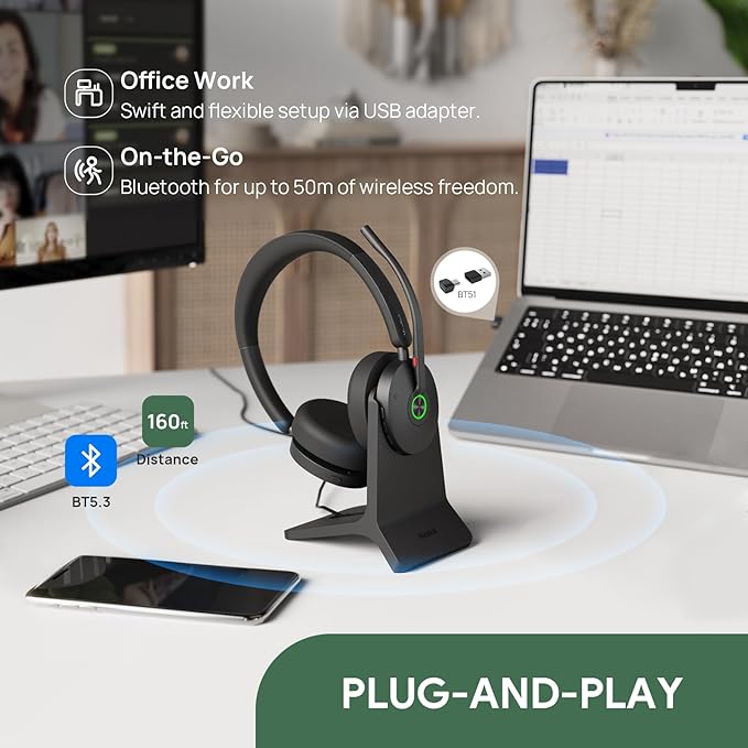 Yealink BH74 ANC Wireless Bluetooth Headset with Mic for Work, 6-mics Hybrid ANC Tech, Microsoft Teams Premium Open Ofﬁce Certified Headsets, up to 32h Talking Battery Life, Zoom Certified