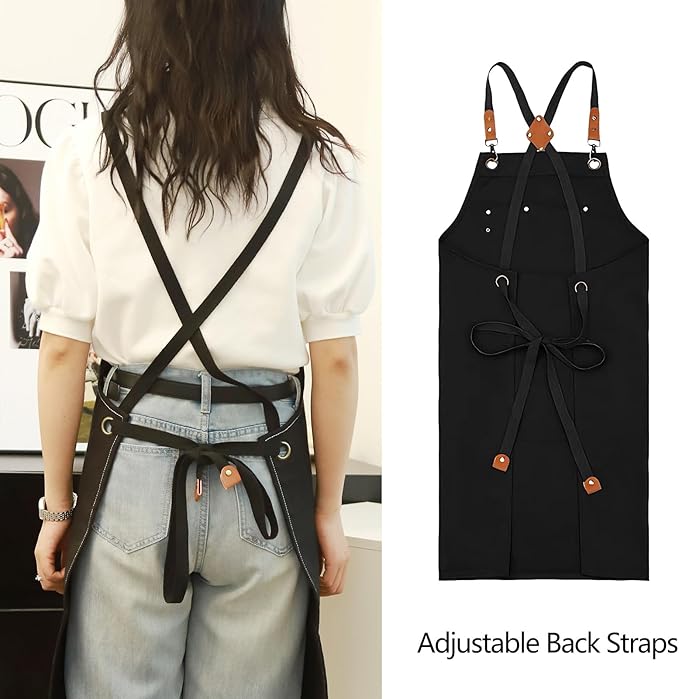 EUDOLAH Chef Aprons for Women Men with Large Pockets Cooking Aprons Canvas Cross Back Water Repellent Work Apron