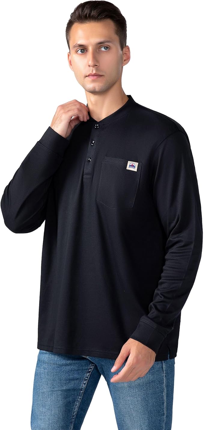 FR Henley Shirts for Men Flame Resistant Lightweight Welding 6.5oz 100% Cotton CAT2 Long Sleeve Fire Retardant FRC Clothing