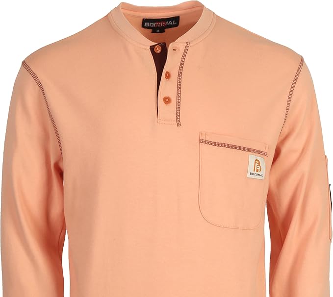 BOCOMAL FR Shirts Flame Resistant Henley Shirt NFPA2112/CAT2 7oz Men's Long Sleeve Fire Retardant Clothing