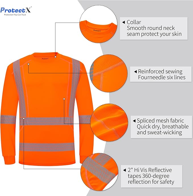 ProtectX High Visibility Long Sleeve Shirts Reflective Hi Vis Safety Shirt for Men Women Class 2-3 Construction Shirt 1 Pack