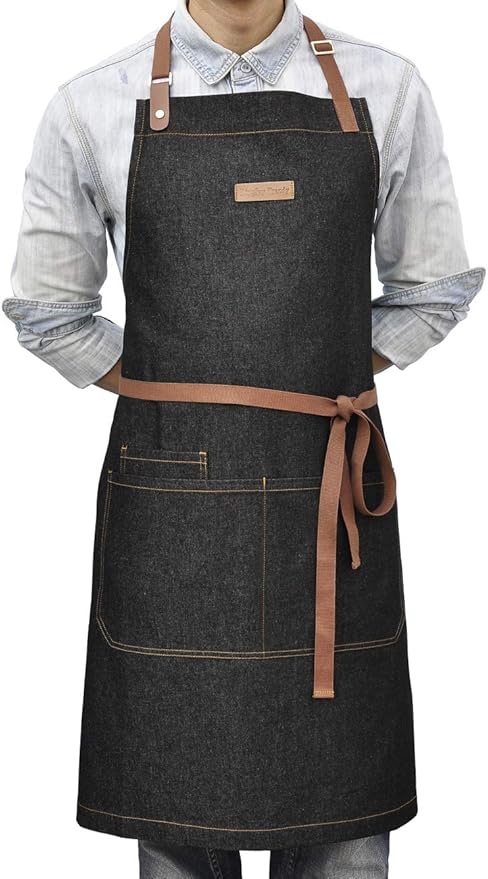 Denim Kitchen Apron with Pockets, Mens Womens Professional Chef Bib Apron for Cooking Grill BBQ Server