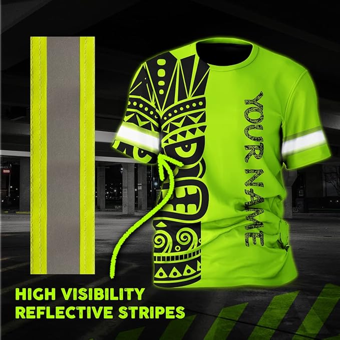 Matedecor Skull High Visibility Shirt Men Reflective Safety Shirts US Flag Custom Name Workwear, Runners, Walkers, Patriotic