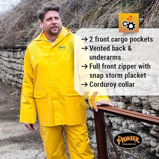 Pioneer Waterproof PVC Work Suit for Men – Repel Rain Gear Yellow Safety Jacket and Bib Pants - 3 PC Set With Detachable Hood - 5X-Large