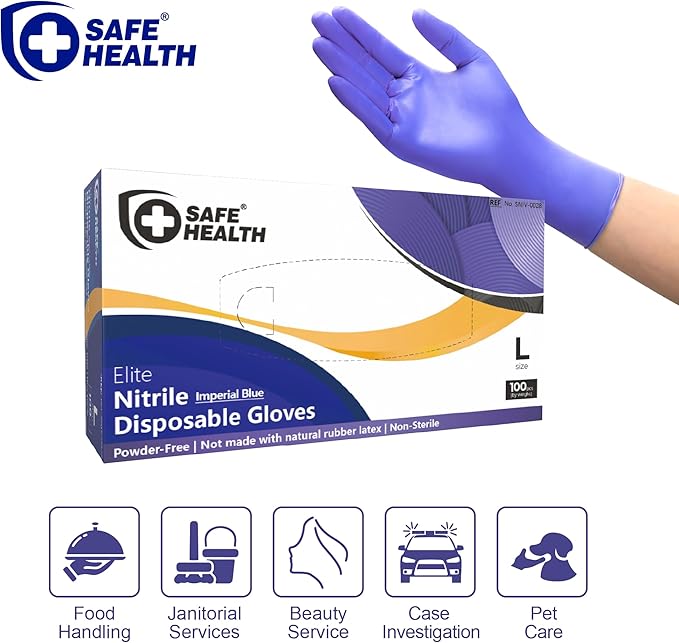 Safe Health Nitrile Imperial Blue Disposable Gloves, 4.5Mil, Powder & Latex Free