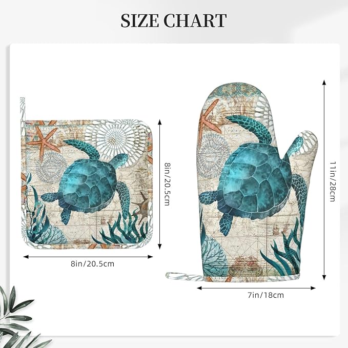 Sea Turtle Ocean Animal Landscape Oven Mitts and Pot Holders Sets Silicone Sea Turtle Kitchen Mitts Potholders Heat Resistant 4Pcs Oven Gloves Hot Pads for Kitchen Grilling